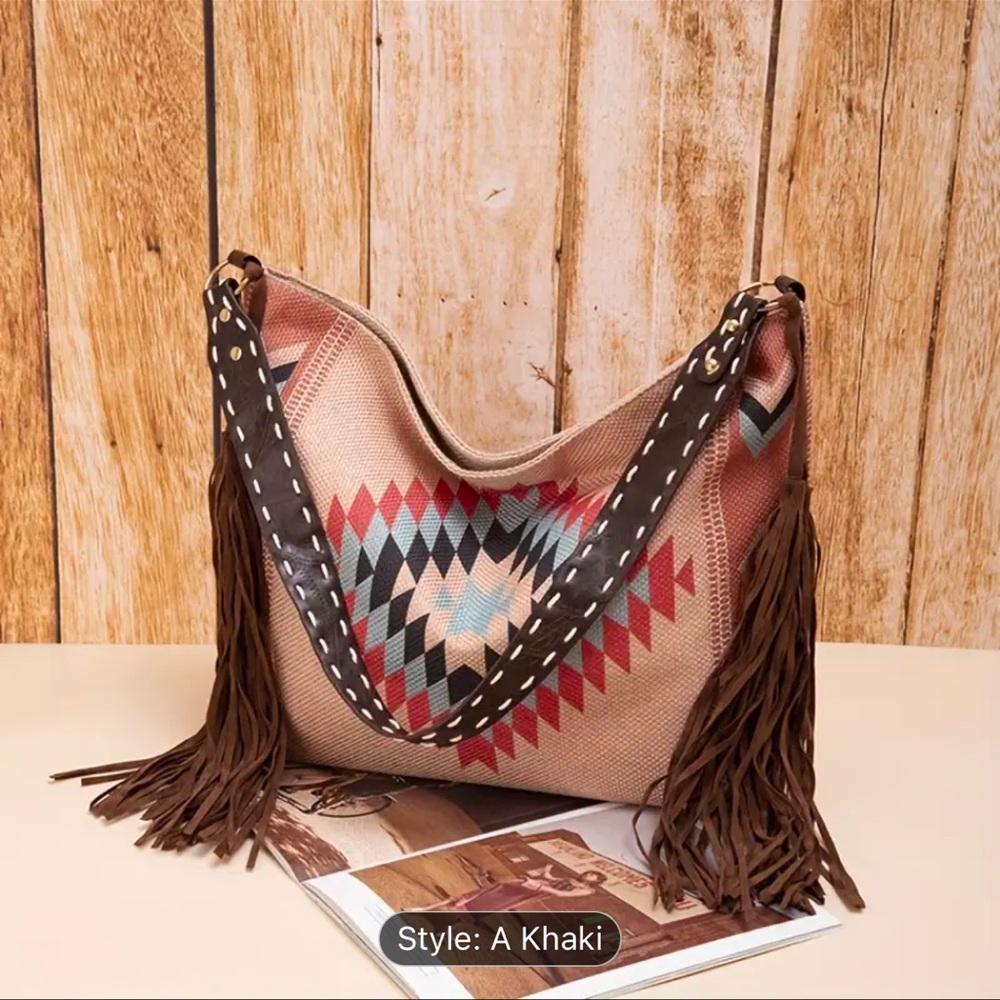 Tan and Brown Leather Hobo Bag with Fringe and Beadwork